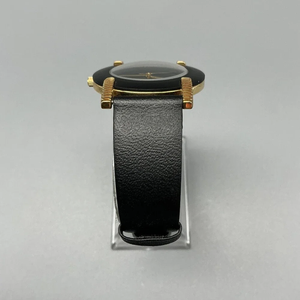 Vintage Cenere Mens Watch 34mm Black Dial Gold Tone Lugs Leather New Battery